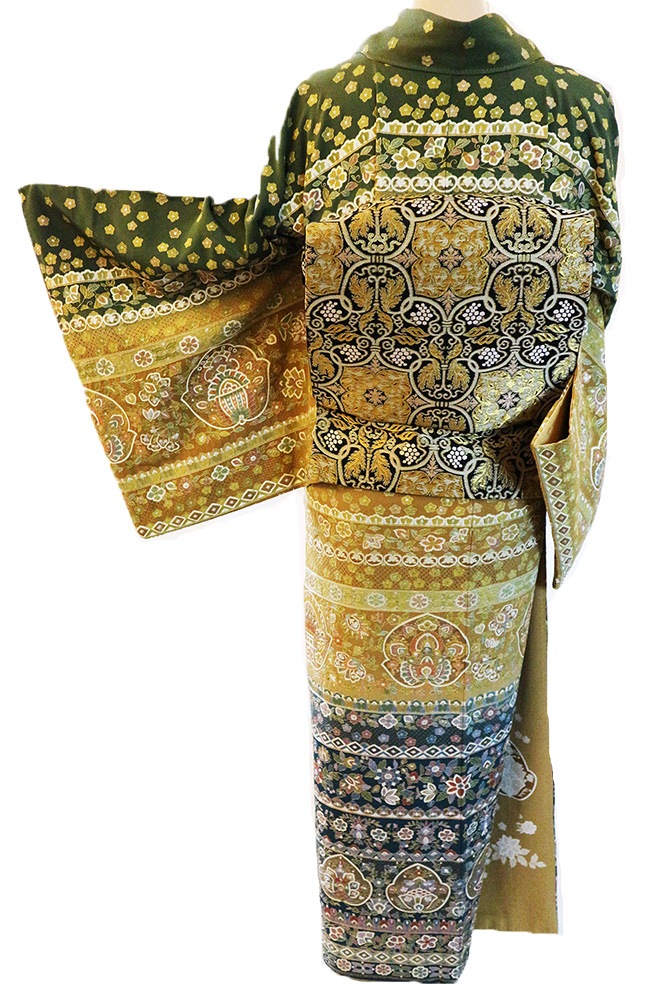 正絹訪問着 レンタルフルセット「総柄汕頭刺繍 横段唐花華紋