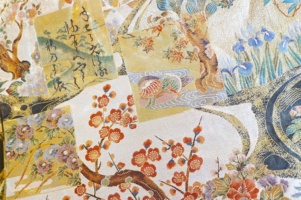 厳選仕立上がり商品 西陣あさぎ謹製袋帯「金箔プラチナ 両面琳派流水