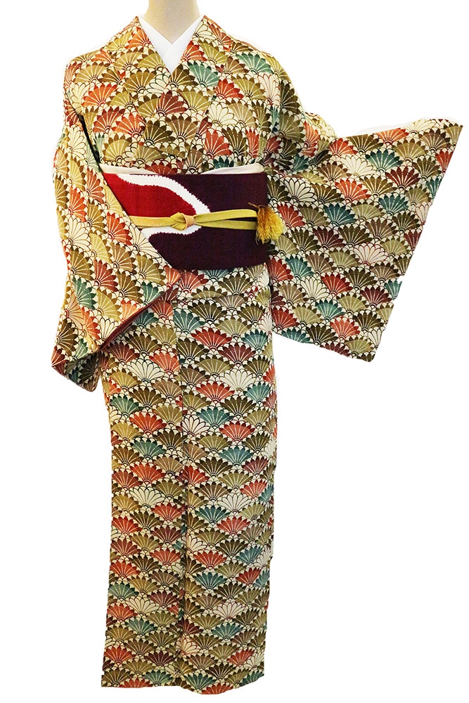 正絹小紋レンタルフルセット「青海波扇総柄」 | レンタル着物,おしゃれ