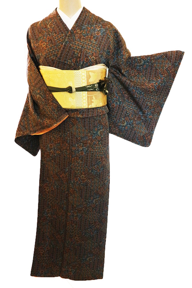 正絹小紋レンタルフルセット「菱に更紗小花総柄」 | レンタル着物