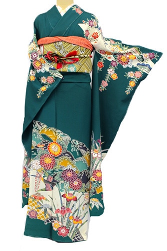 丹後ちりめん振袖レンタルフルセット「紅型 四季の花」往復送料無料