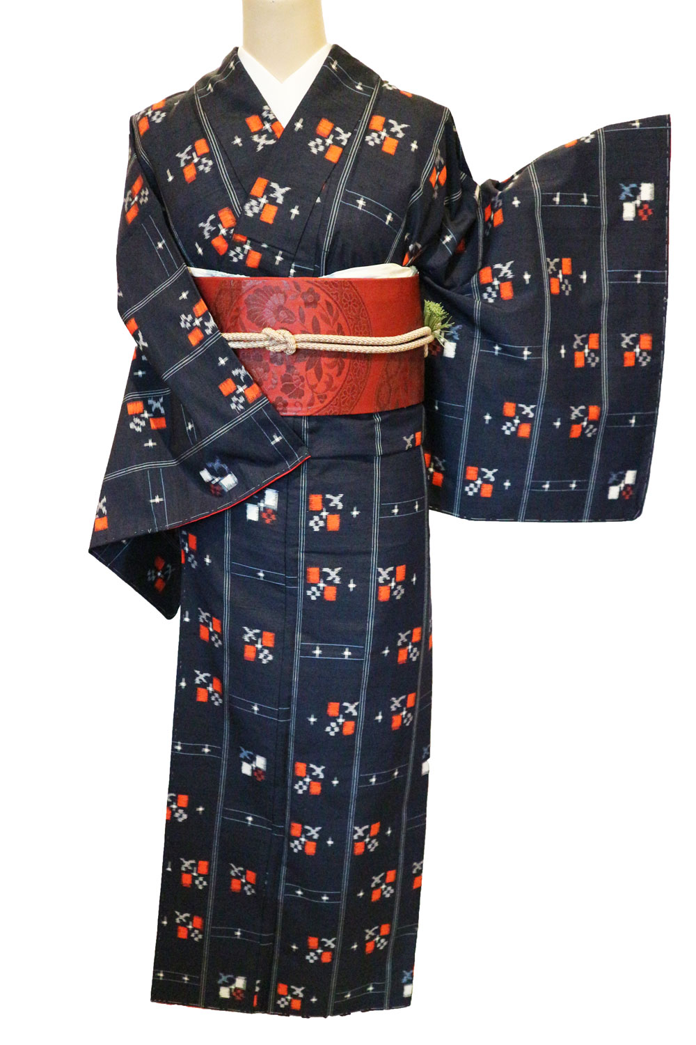 正絹紬レンタルフルセット「縞に琉球絣」 | レンタル着物,おしゃれ着物