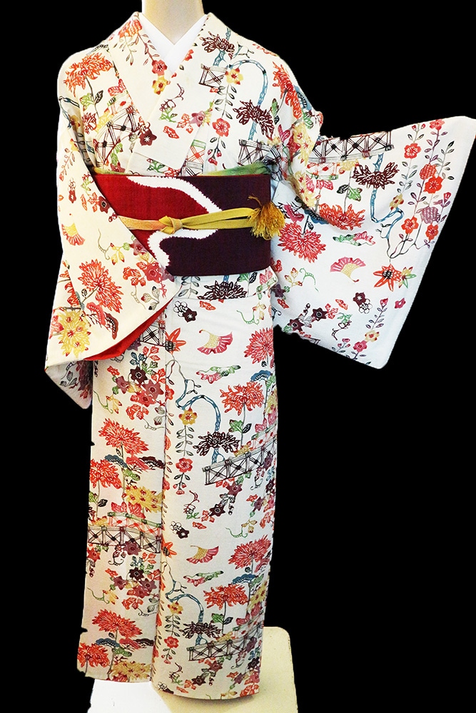 正絹紬レンタルフルセット「紅型 四季草花」 | レンタル着物,おしゃれ