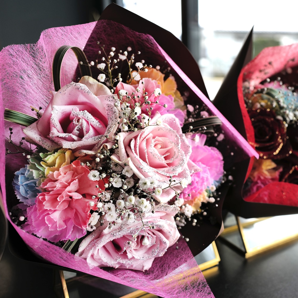 花束ブランケット レインボーローズ×くすみピンク 花束ブランケット