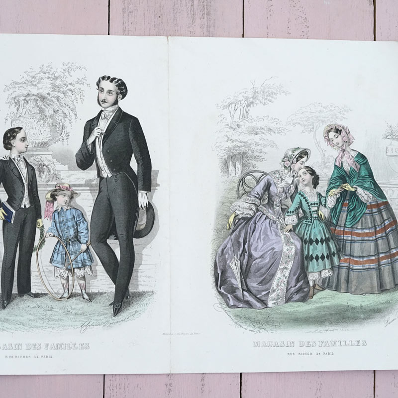 アンティーク版画 19世紀 フランス ファッションプレート 額装手彩色