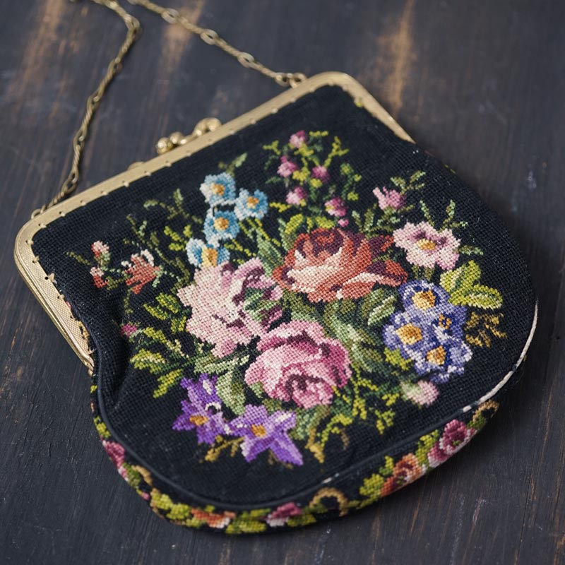 アンティーク薔薇のプチポワンバッグW12×H14×マチ2cm 1930年代頃 gb