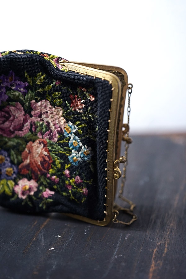 アンティーク薔薇のプチポワンバッグW12×H14×マチ2cm 1930年代頃 gb