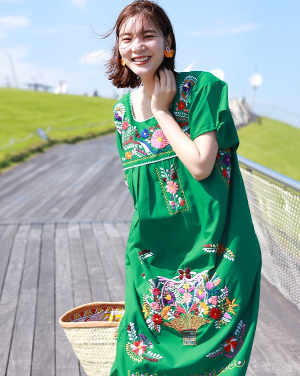 ≪20%OFF≫ tesoro / メキシコ刺繍ワンピース / フォレストグリーン