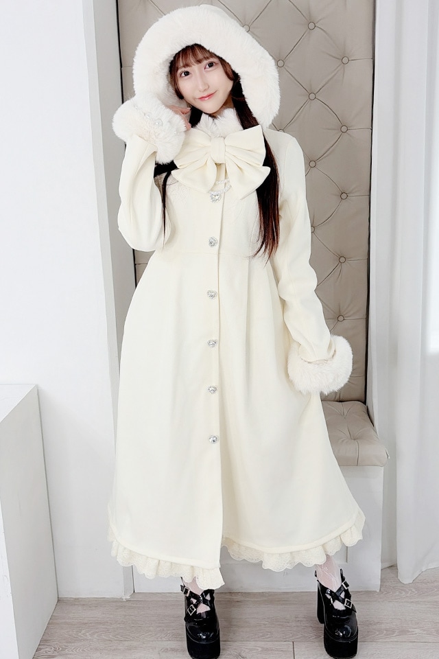 Princess Melody】りぼんタイ付きフードマキシコート - ホワイト size