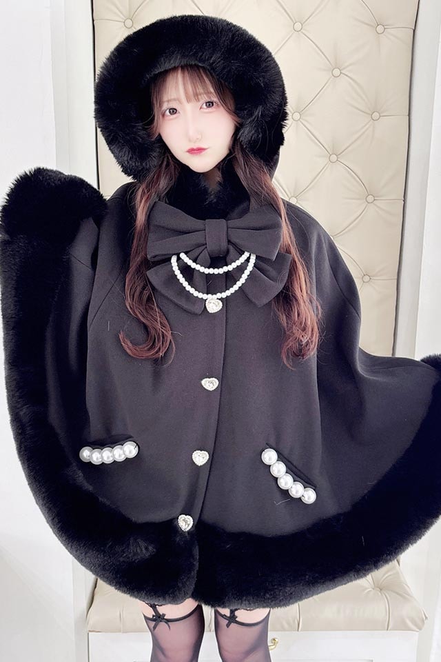 Princess Melody】リボン付きボリュームファーフードケープコート