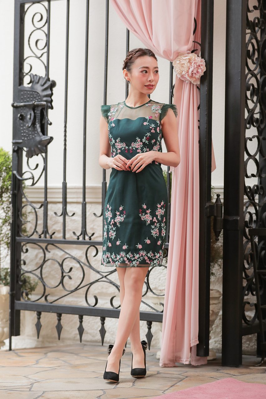 CHI CHI LONDON シアーレース フラワー刺繍ワンピース DarkGreen