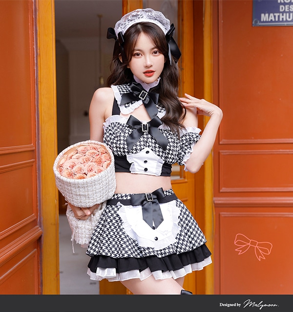 即日発送】千鳥柄セクシーメイド《ハロウィンコスプレ7点セット
