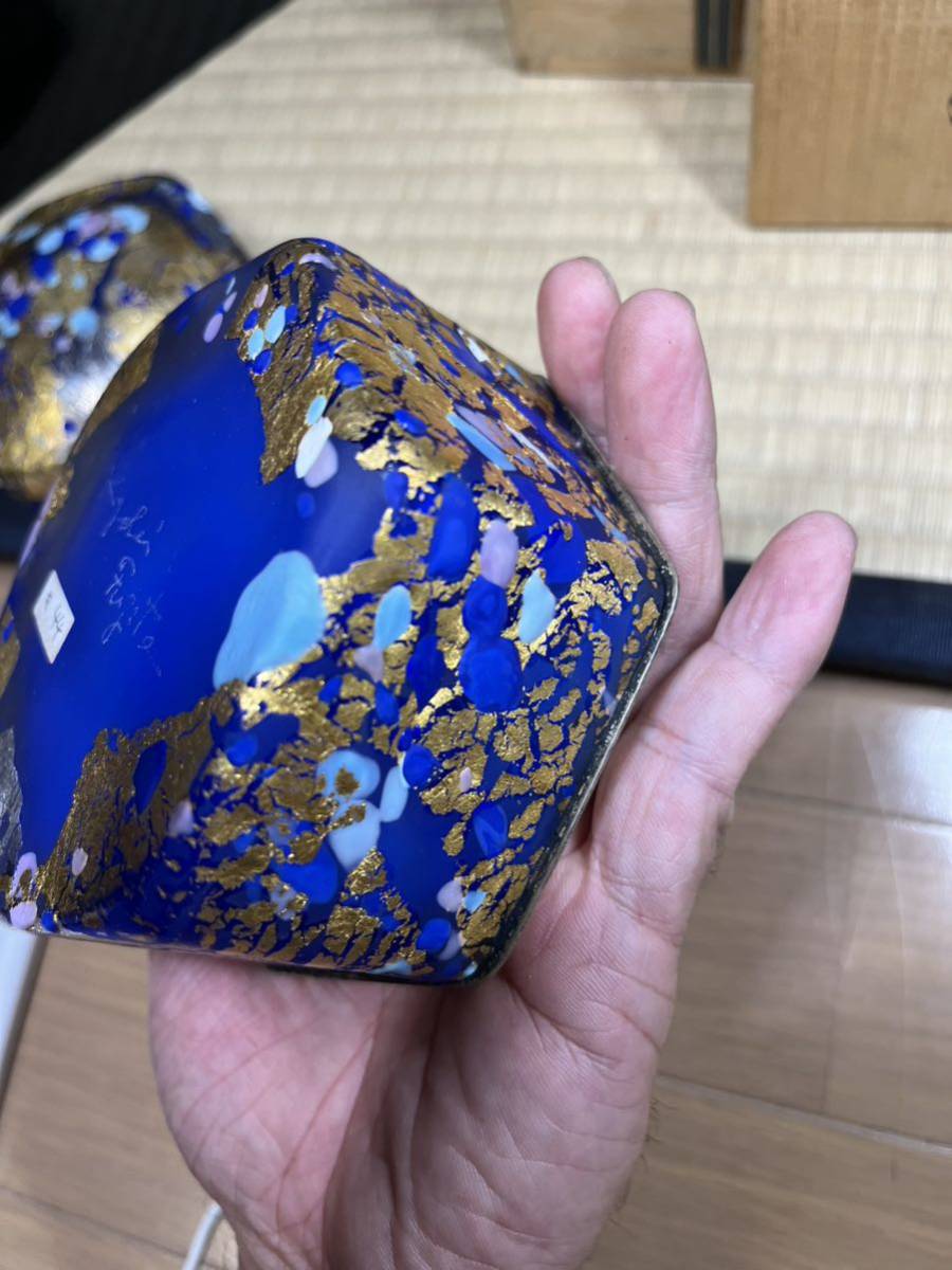 人間国宝 文化勲章 藤田喬平 「手吹 飾筥 湖上の花」 銀覆輪 共箱 栞付