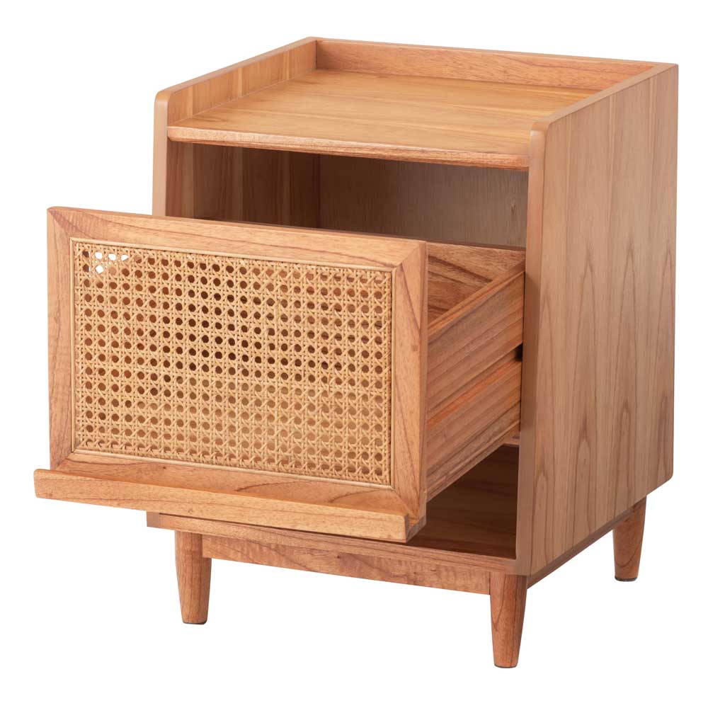 ラタン×天然木の北欧風ナイトテーブル｜収納付きサイドテーブル