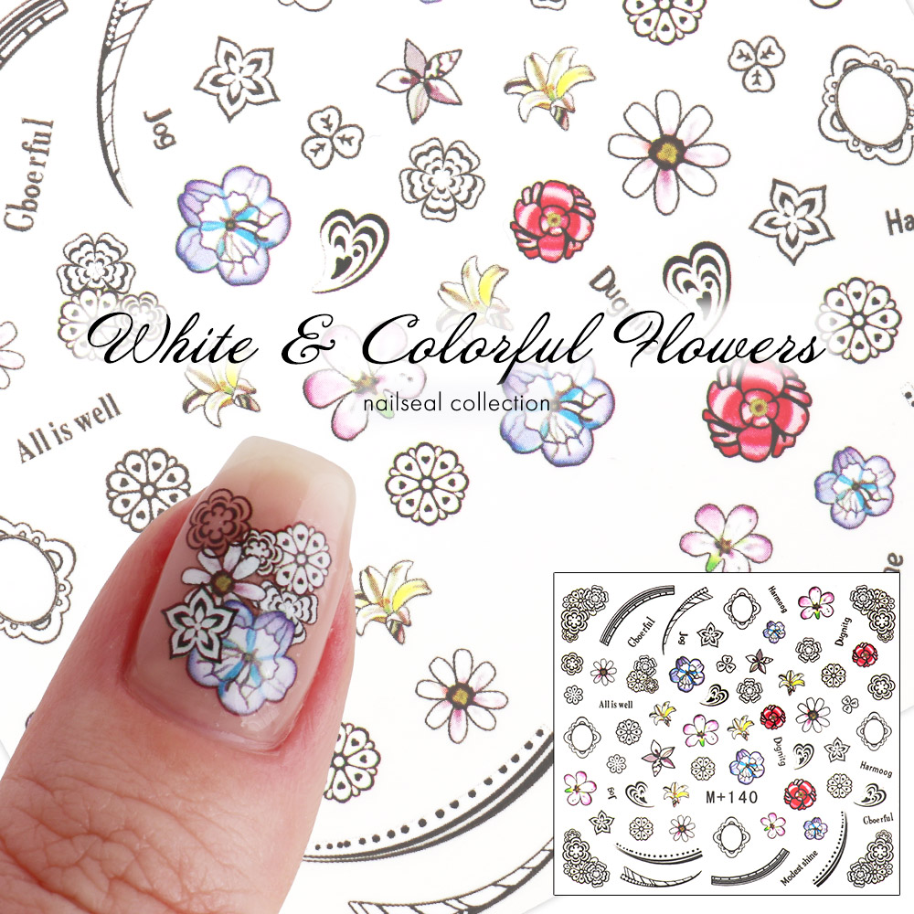 ネコポス送料無料】ウォーターネイルシール ホワイト&カラフルフラワー
