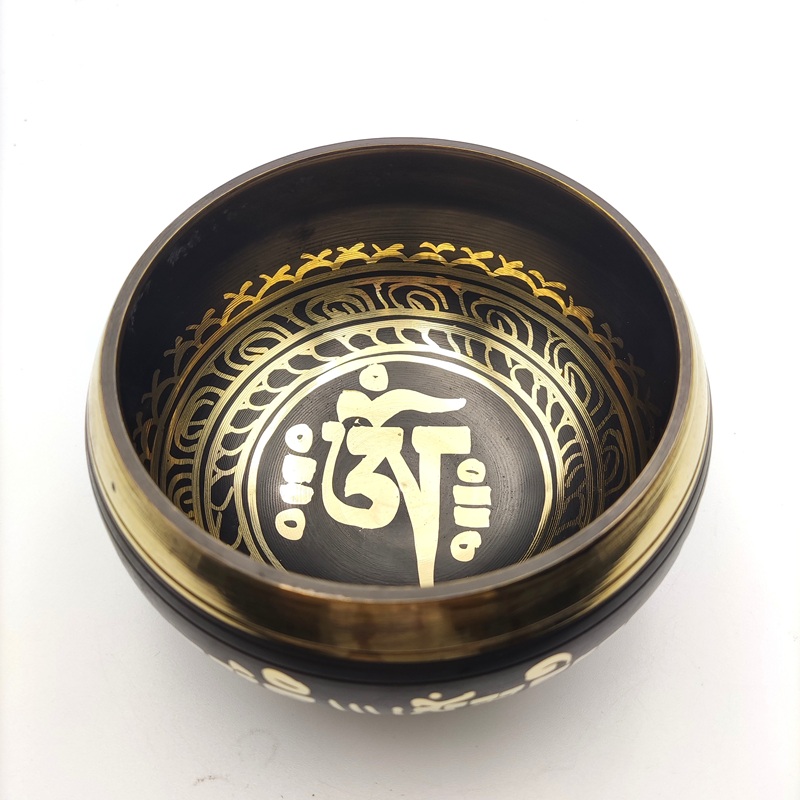 シンギングボウル(ブラック) 模様あり ばち付き チベット法具 直径約