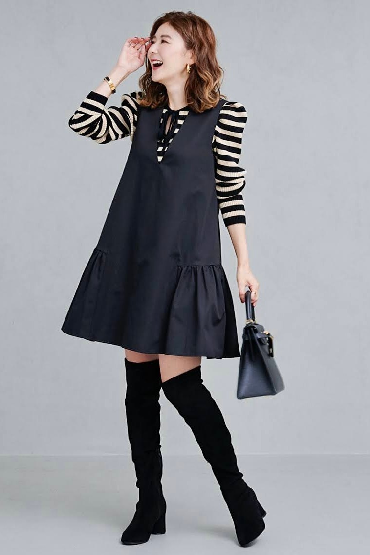 Vネックジャンパーワンピース/ブラック | DRESS | OBLI