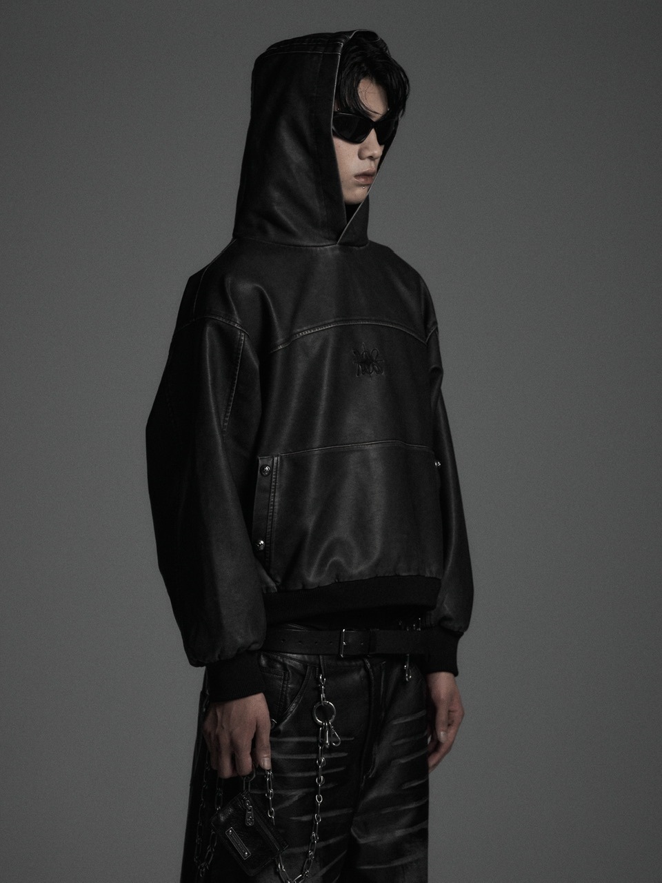Rosen Kreuz】VINTAGE LEATHER SHIRRING HOODIE | OUR BRAND,Rosen