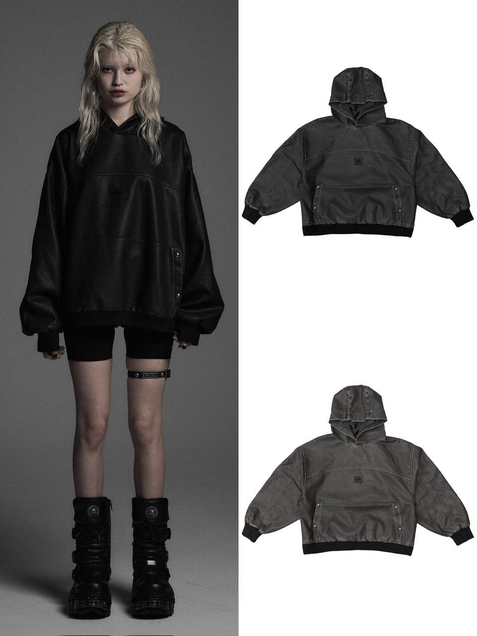Rosen Kreuz】VINTAGE LEATHER SHIRRING HOODIE | OUR BRAND,Rosen