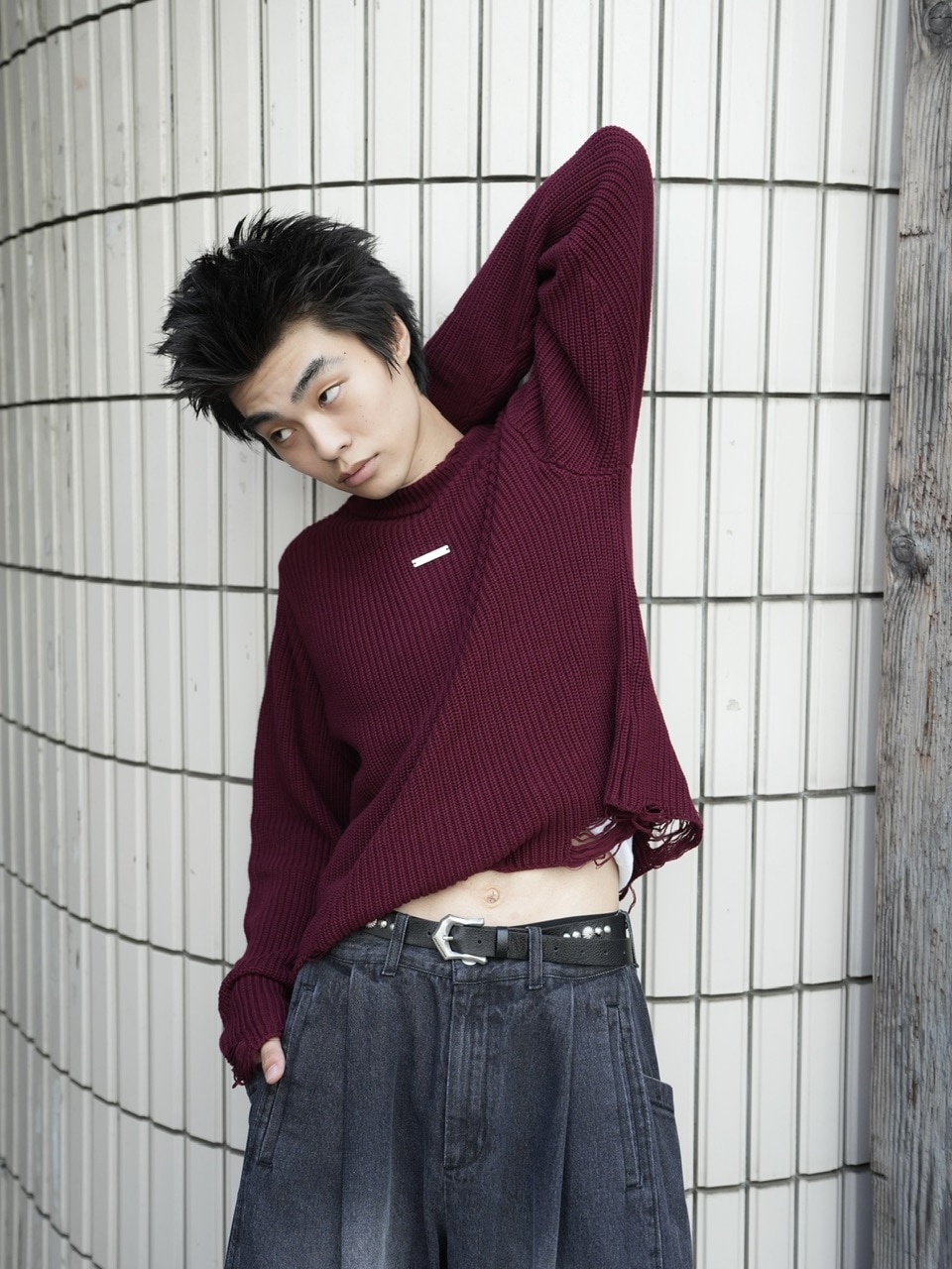 CS】mock neck damage knit (red) | OUR BRAND,Chikashitsu +,CS