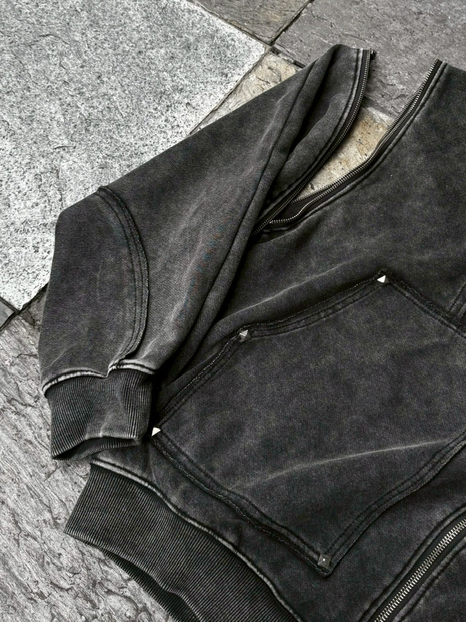 Never mind the XU】studs washing zip up hoodie / 【ネバーマインド