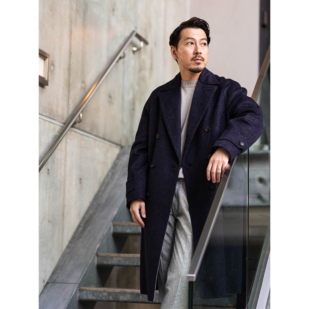 ダブルフェイス ベルテッド ダブルラグランスリーブ コート【ネイビー