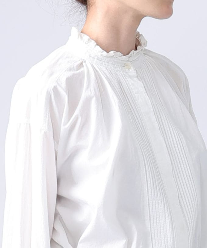 シェリー・E/G コットンの立ち襟ギャザーブラウス 白/ITEM,JACKET