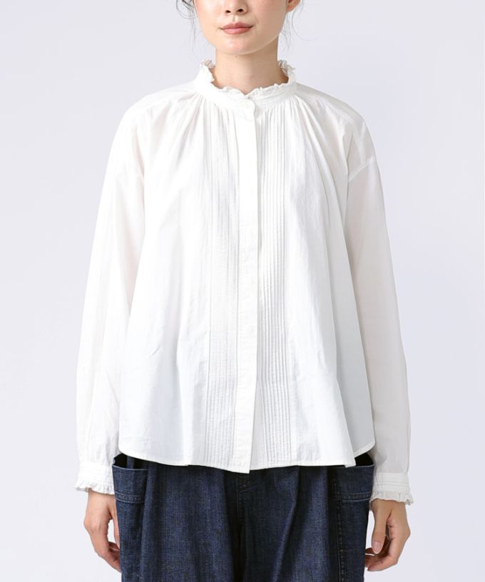 シェリー・E/G コットンの立ち襟ギャザーブラウス 白/ITEM,JACKET