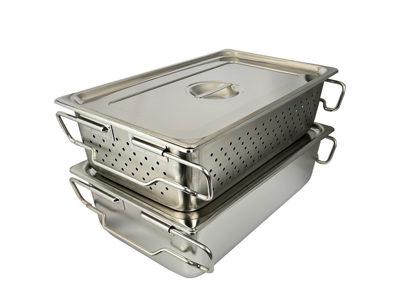 HACCP】18-8 給食バット 1/1サイズ 積み重ねハンドル 穴明 深さ150mm