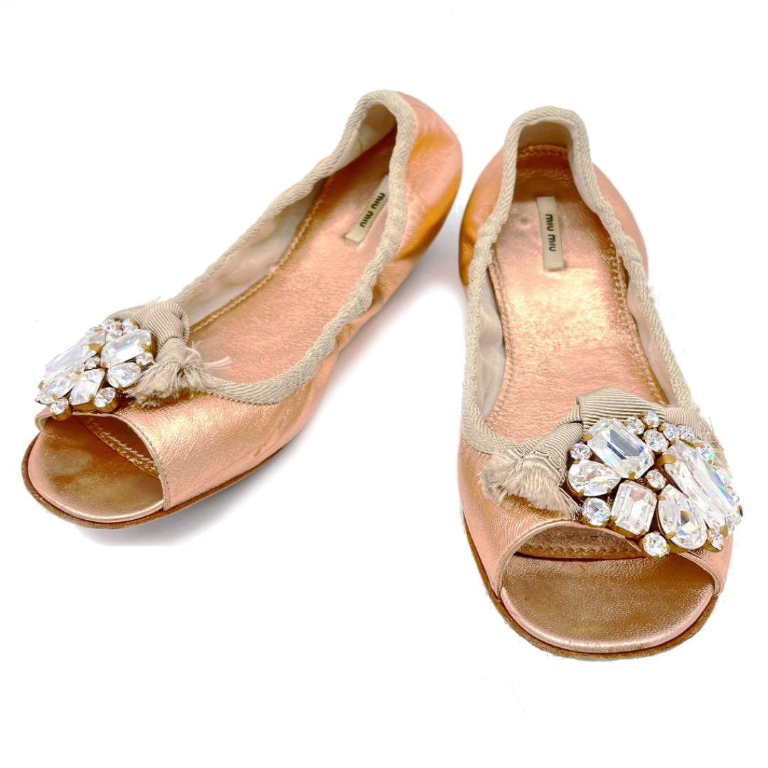 MIUMIU ミュウミュウ バレエシューズ ビジュー付 レザー メタリック