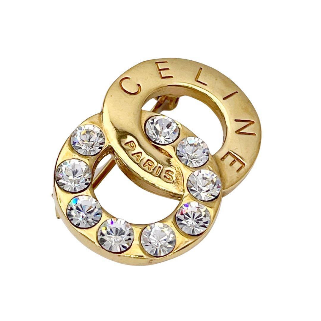 CELINE セリーヌ ブローチ ダブルサークル ラインストーン ゴールド