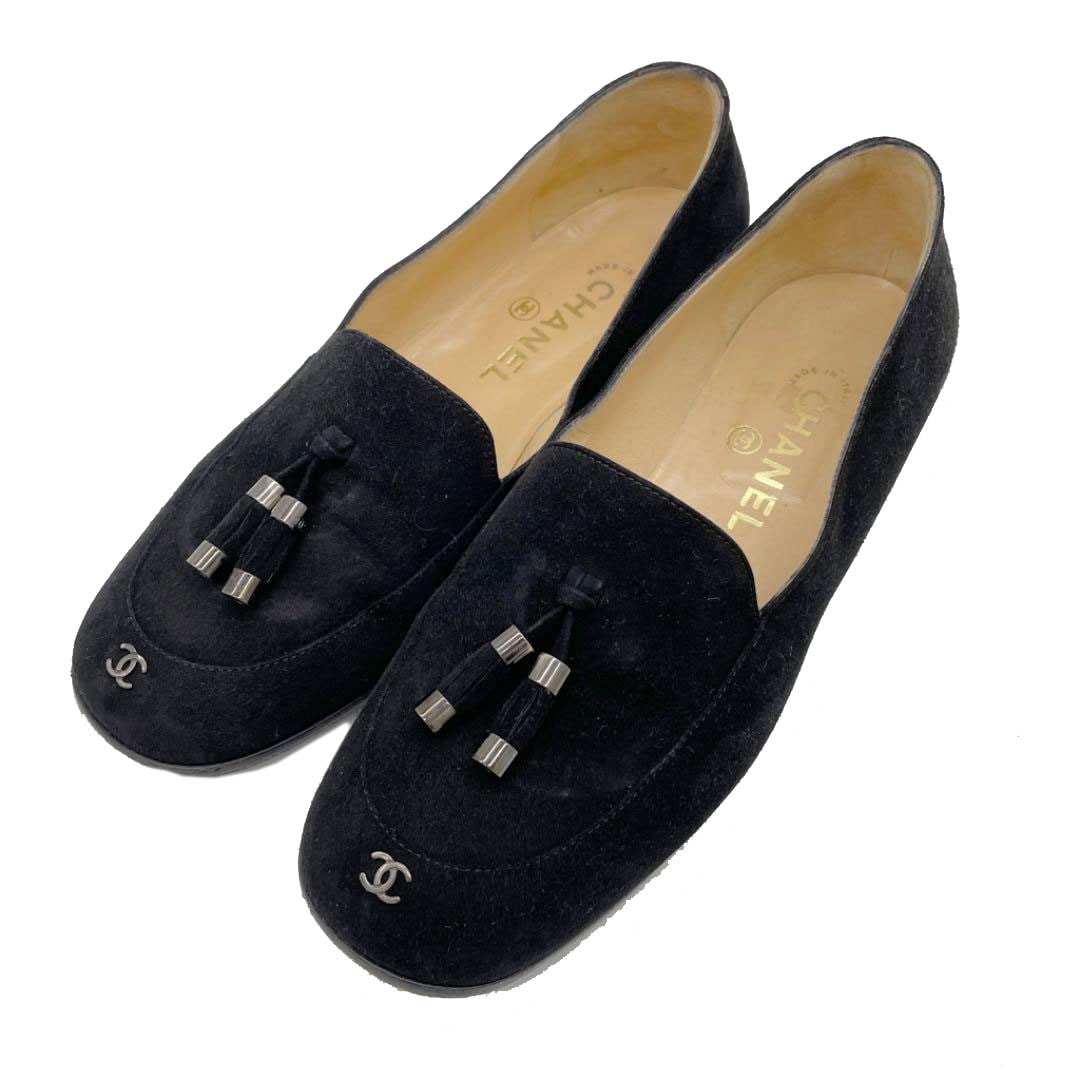 CHANEL シャネル ローファー フリンジ スエード ブラック 37（約24cm