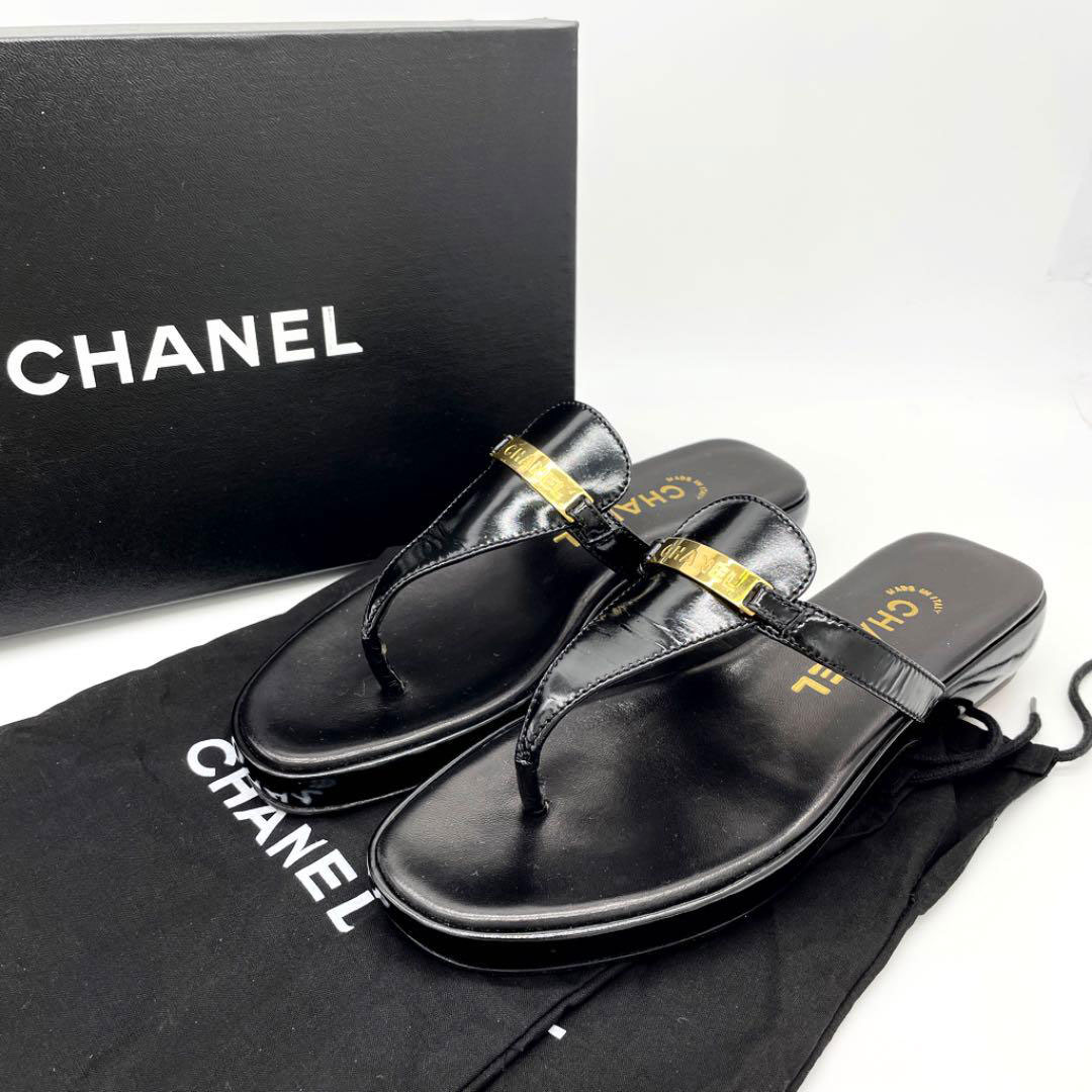 CHANEL シャネル サンダル エナメル レザー 98P ブラック ゴールド金具