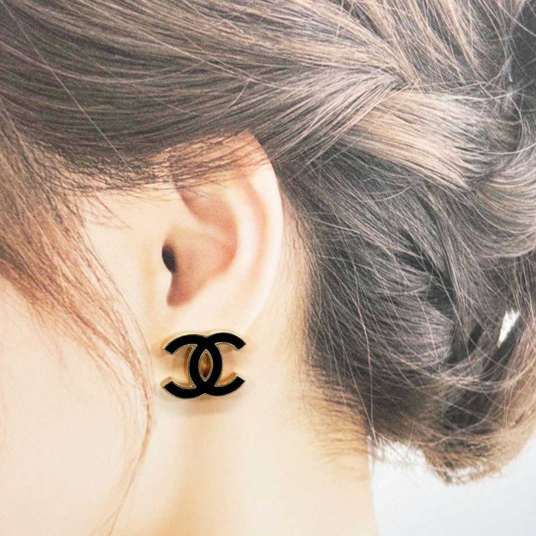 CHANEL シャネル ピアス ココマーク B12P レザー/メタル ブラック
