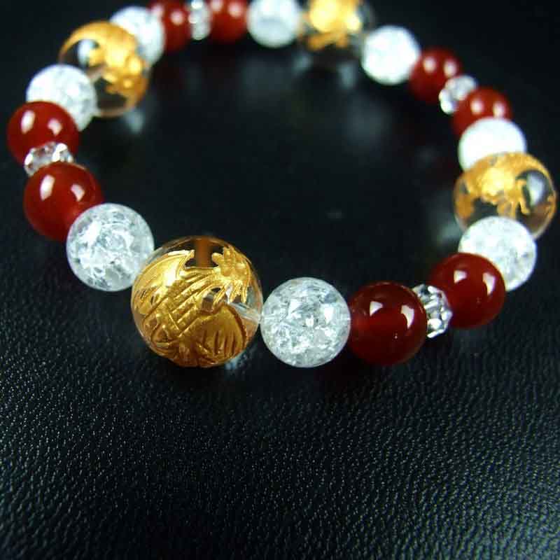 ブレスレット【レッドアゲート＆C水晶】□レディース□四神水晶金彫り