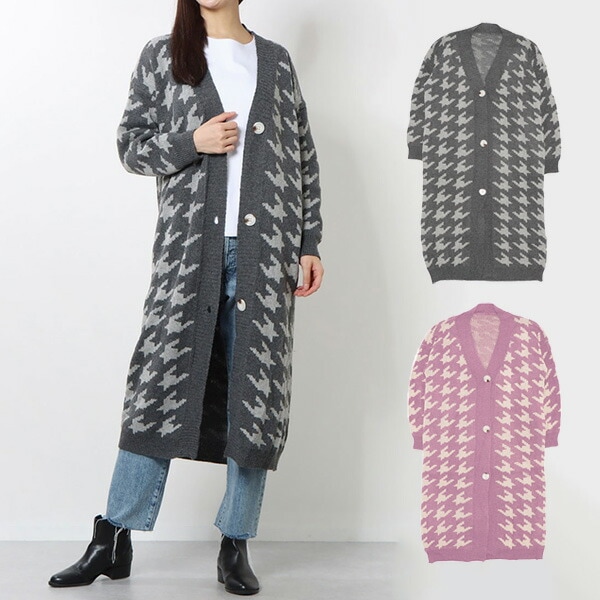 千鳥格子柄ロングニットカーディガン | レディース,トップス