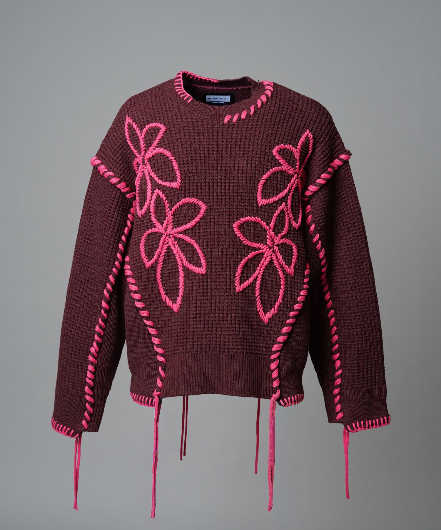 Oni-Waffle Flower Embroidery Prime-Over Crew Neck Knit Pullover