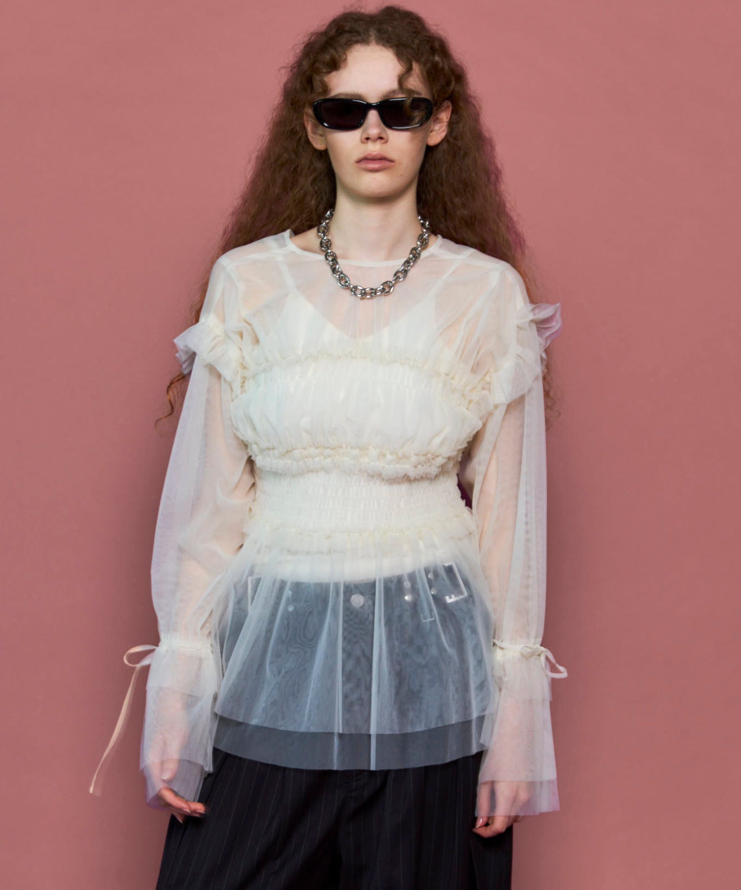 SALE】2way Ruffle Gathers Tulle Tops
