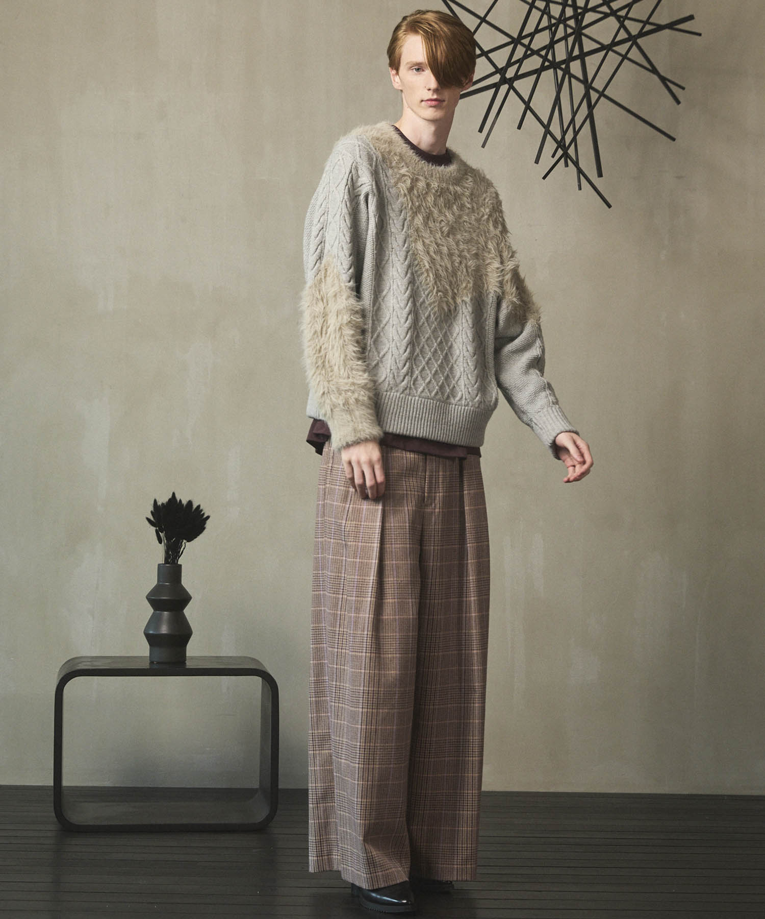 Cable Shaggy Mix Prime-Over Crew Neck Knit Pullover