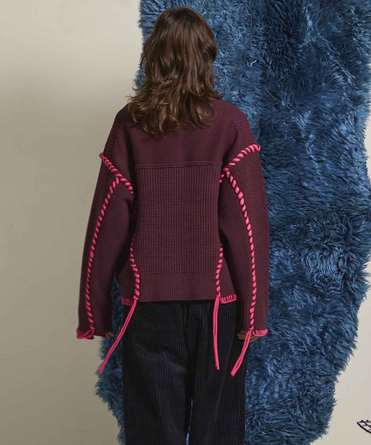 Oni-Waffle Flower Embroidery Prime-Over Crew Neck Knit Pullover