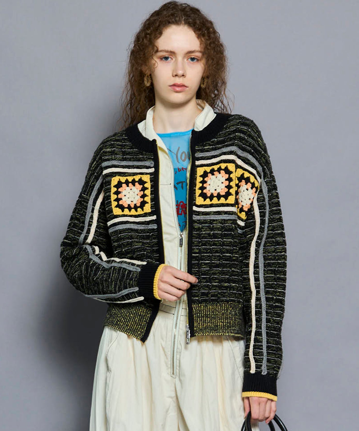 SALE】 Crochet Motif Zip Knit Cardigan