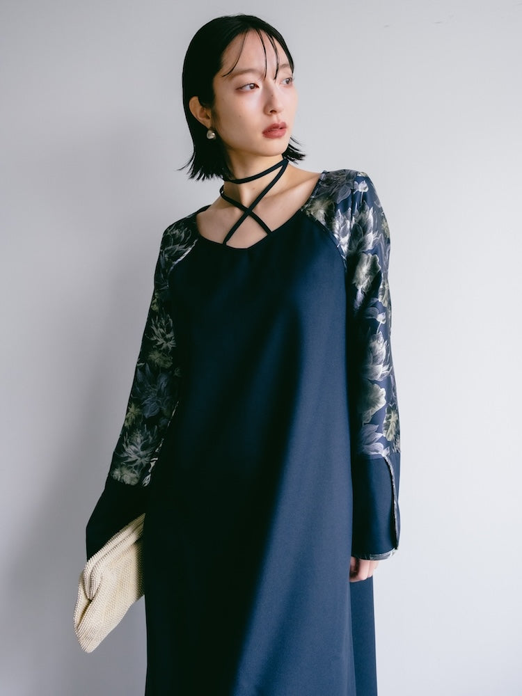 Cross Neck Jacquard Dress｜結婚式やお呼ばれに｜ジャガード