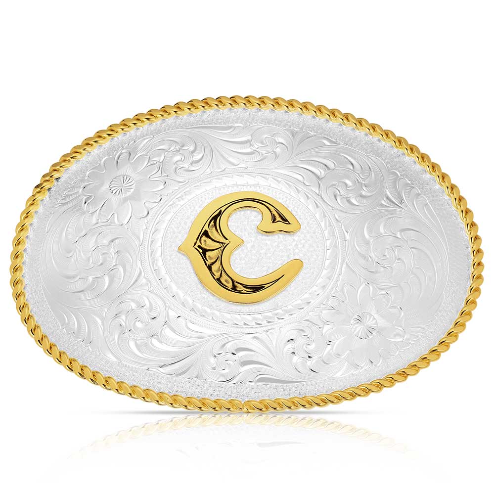 Initial L Silver Engraved Gold Trim Western Belt Buckle | Montana