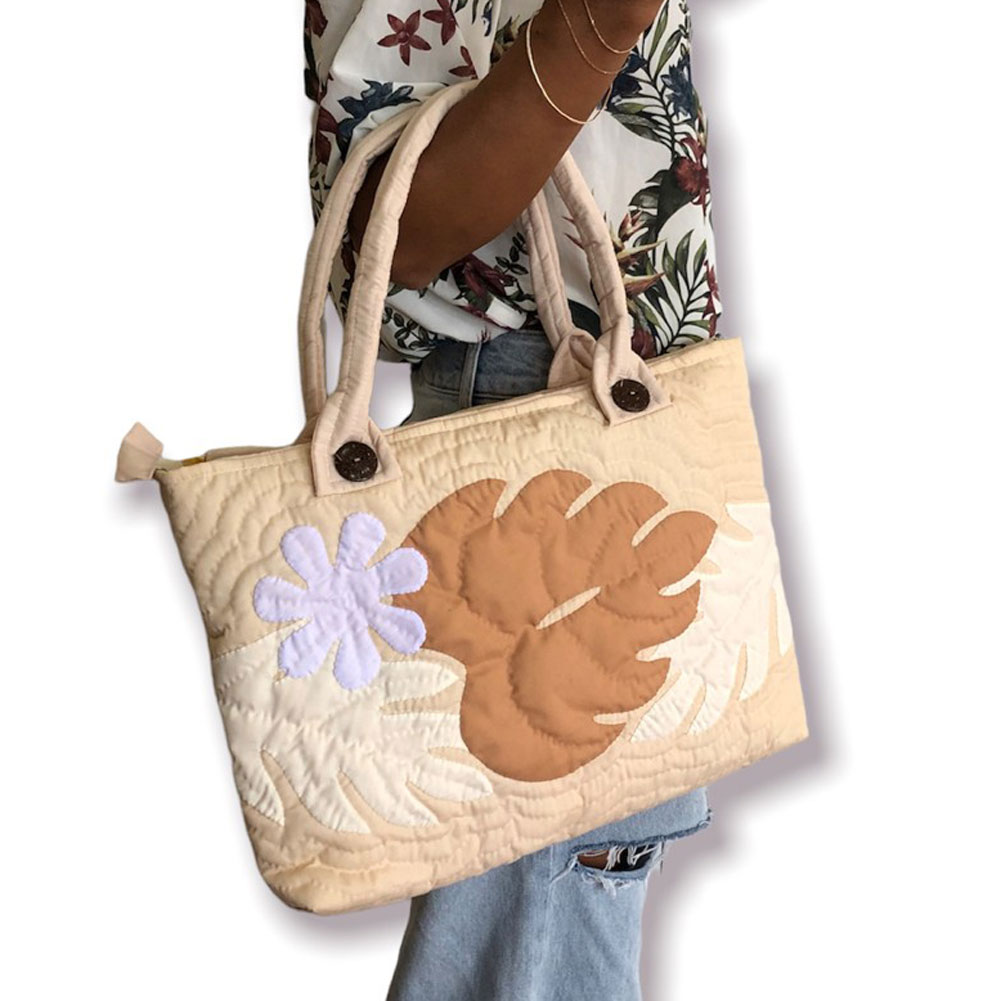 ハワイアンキルト 横長バッグ モンステラ 2WAY ファスナー付きバッグ