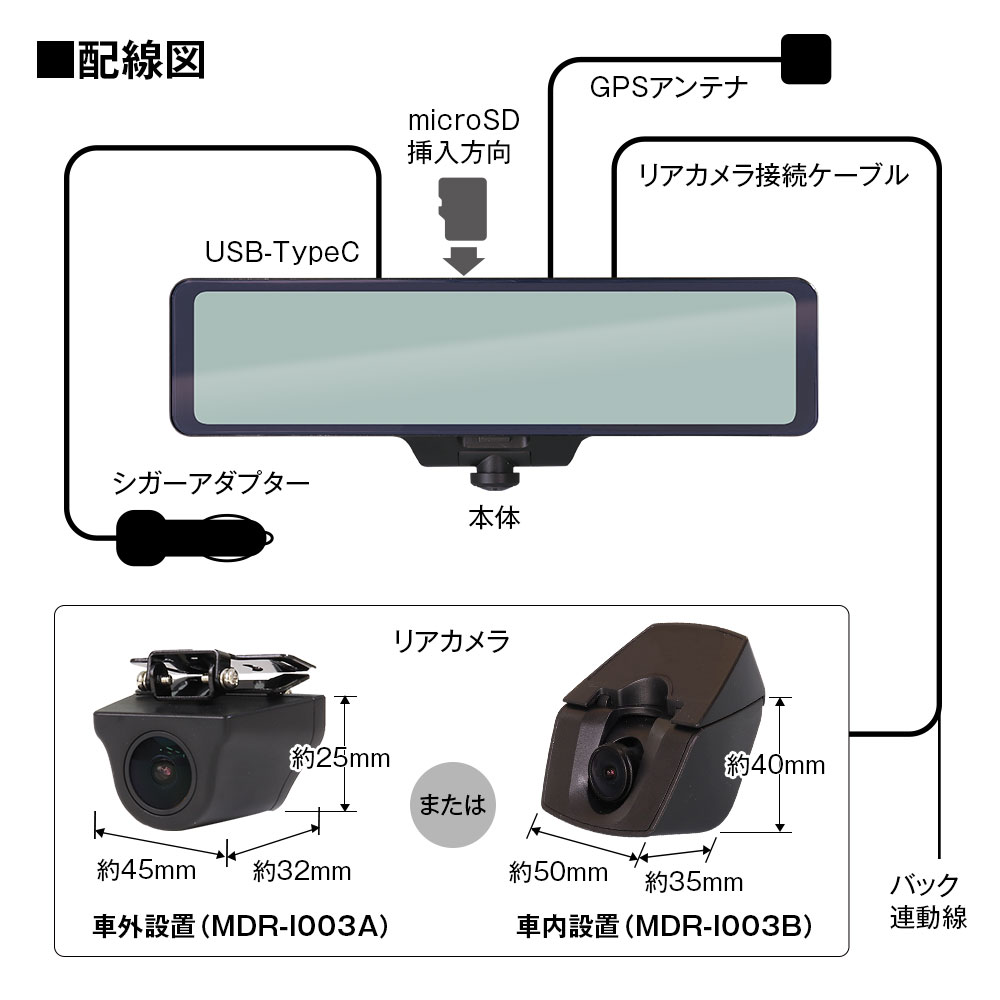 車内360°カメラ+60fps後方同時録画デジタルミラー MDR-I003A/MDR-I003B