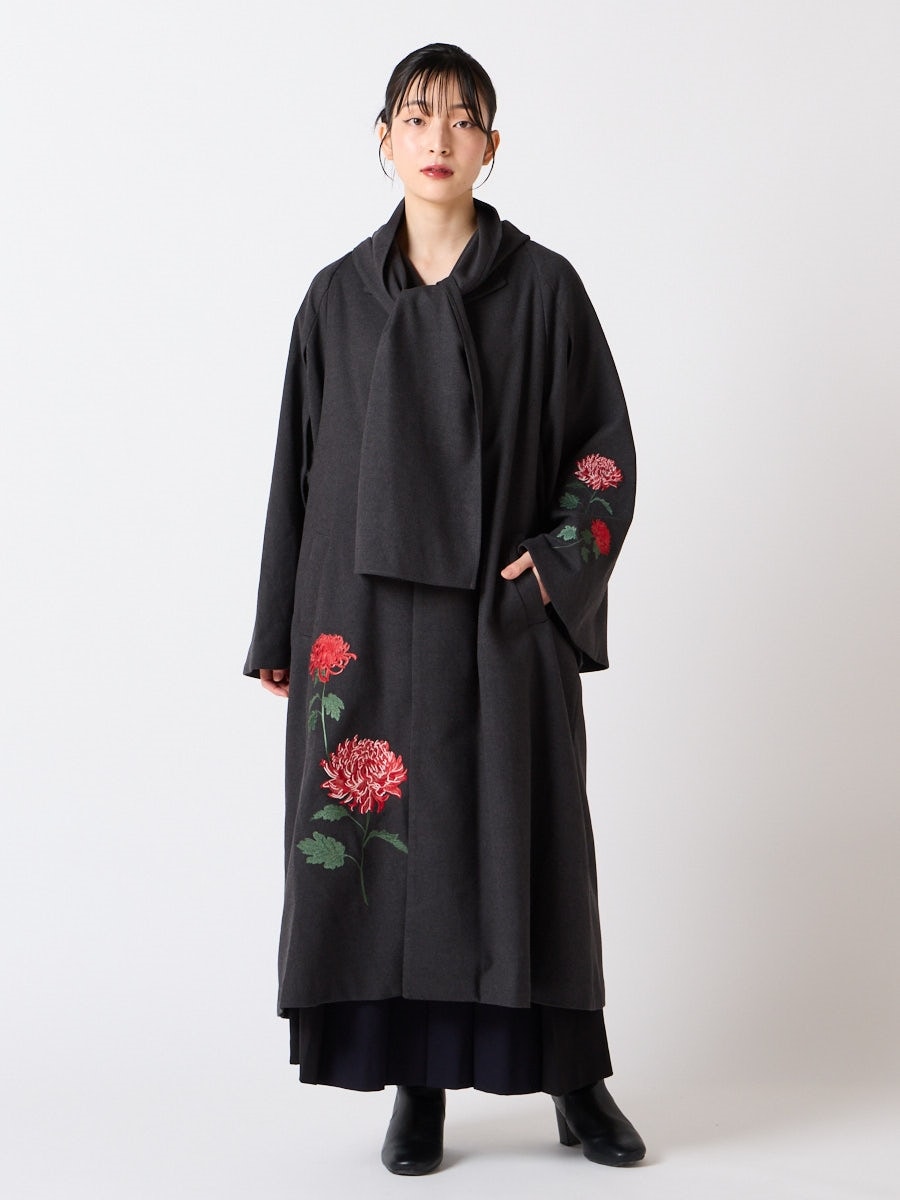 乱菊刺繍ストールロングコート(FREE チャコールグレー): ふりふ