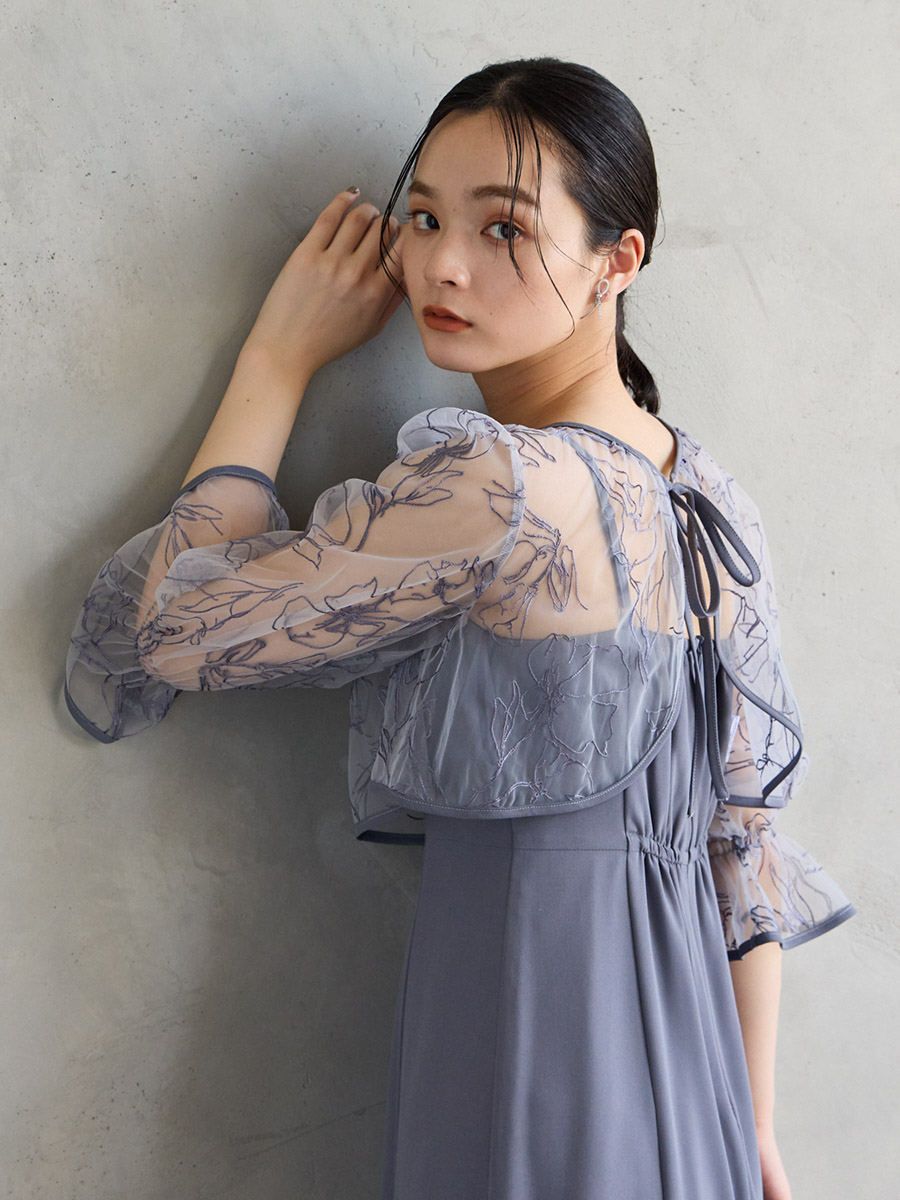 試着キャンペーン対象】2WAY線描フラワー刺繍ボレロセットドレス(S