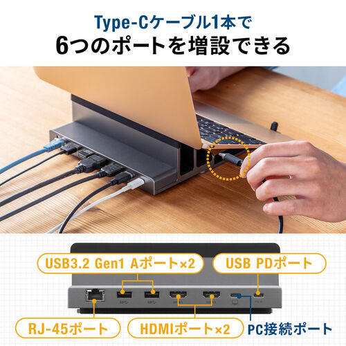 ノートPC縦置きスタンド型 ドッキングステーション 6in1 USB-C接続