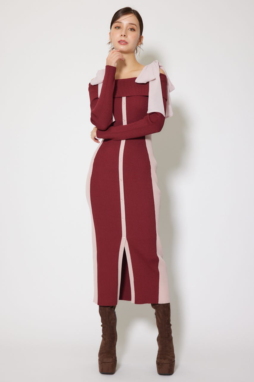 rienda | バイカラーオフショルリボンニットワンピース (ワンピース