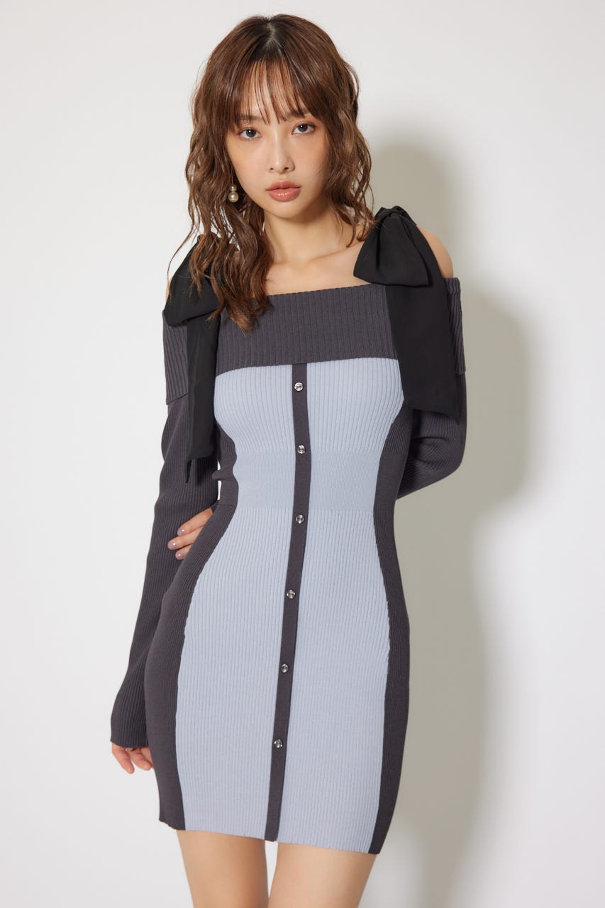 rienda | バイカラーオフショルリボンニットミニワンピース